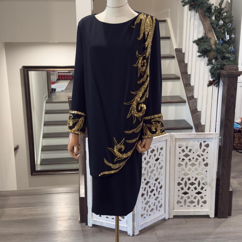 Vintage Bob Mackie Evening Black Dress with Gold Beaded Appliqué | Size 12 - Picture 9 of 11